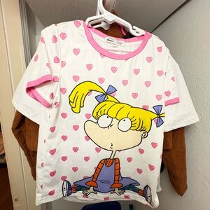 SHEIN White and Pink Cartoon Heart T-Shirt